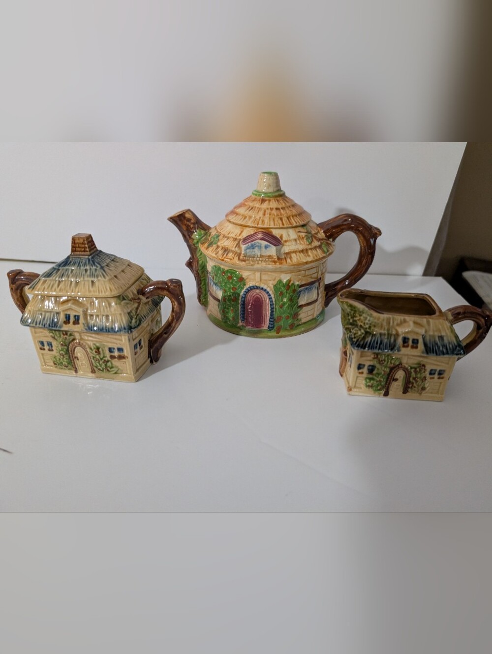 Vintage Cottage Teapot Set in Cream, Brown, Green.  Made in Japan